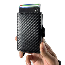Load image into Gallery viewer, Genuine Leather Wallet RFID Blocking Aluminum Automatic Pop Up Credit Card Holder (Black)