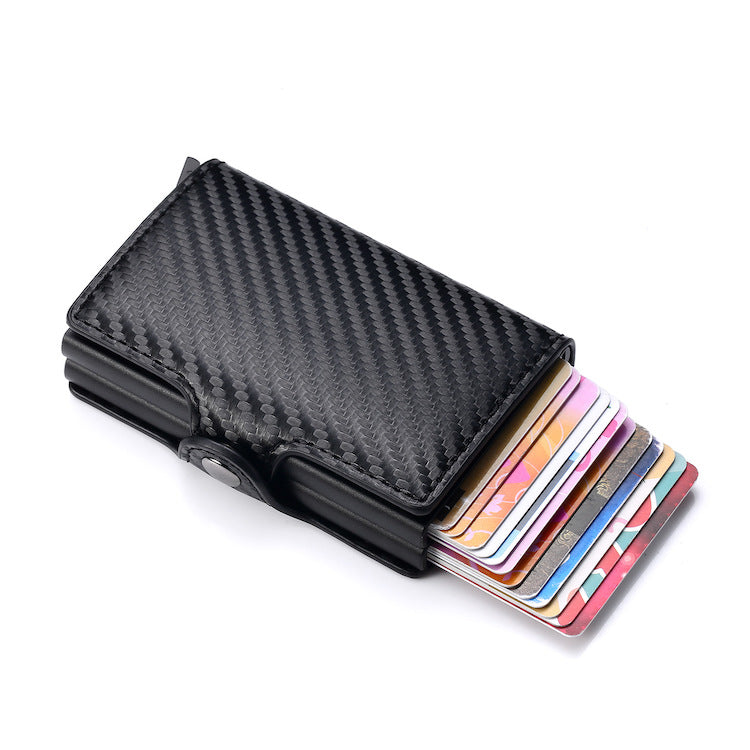 Genuine Leather Wallet RFID Blocking Aluminum Automatic Pop Up Credit Card Holder (Black)